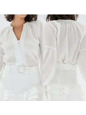 Minkpink Revolve White Fatima Button Balloon Sleeves Crepe Blouse Size S NWT